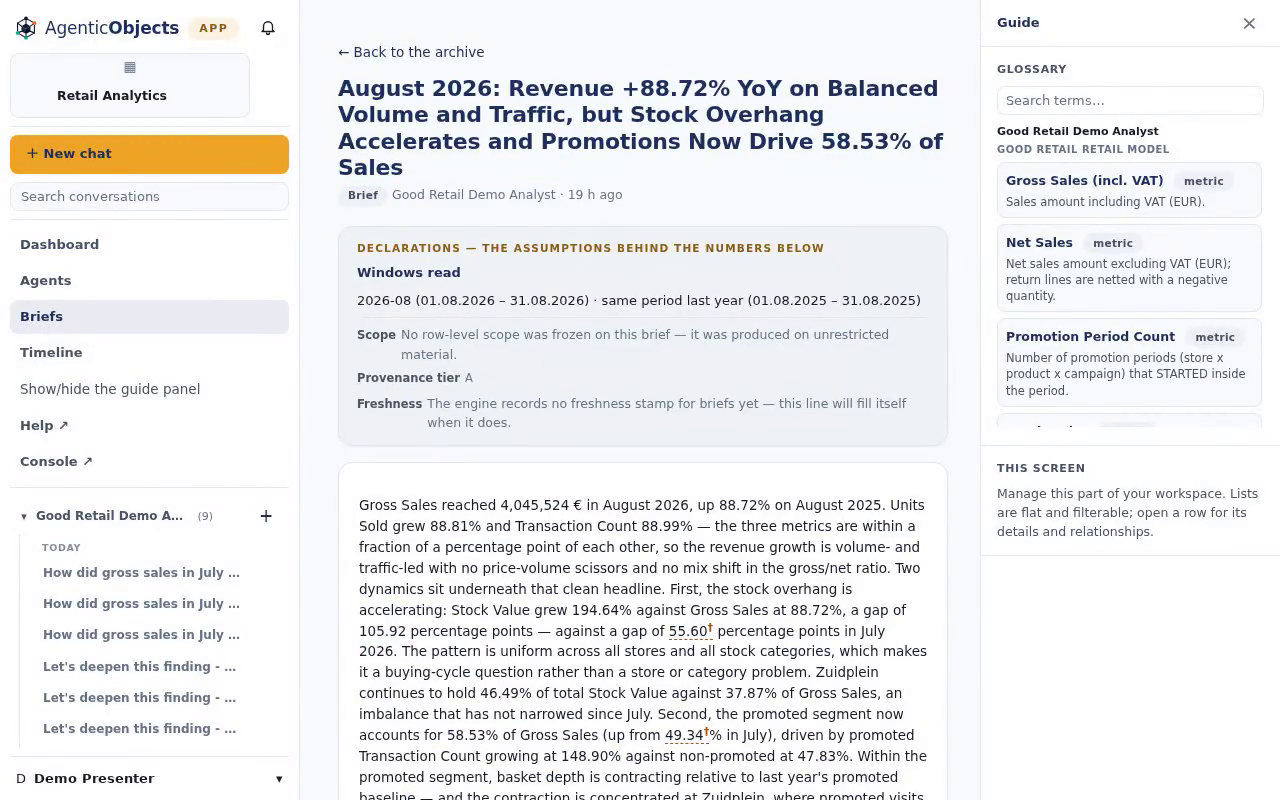 A brief open in the product, headed August 2026: Revenue plus 88.72 percent year on year on balanced volume and traffic, but stock overhang accelerates and promotions now drive 58.53 percent of sales. Directly under the title, before any number, a panel headed DECLARATIONS - the assumptions behind the numbers below. It lists the windows read, 2026-08 against the same period last year; a scope line reading no row-level scope was frozen on this brief, it was produced on unrestricted material; provenance tier A; and a freshness line reading the engine records no freshness stamp for briefs yet, this line will fill itself when it does. The narrative follows underneath.