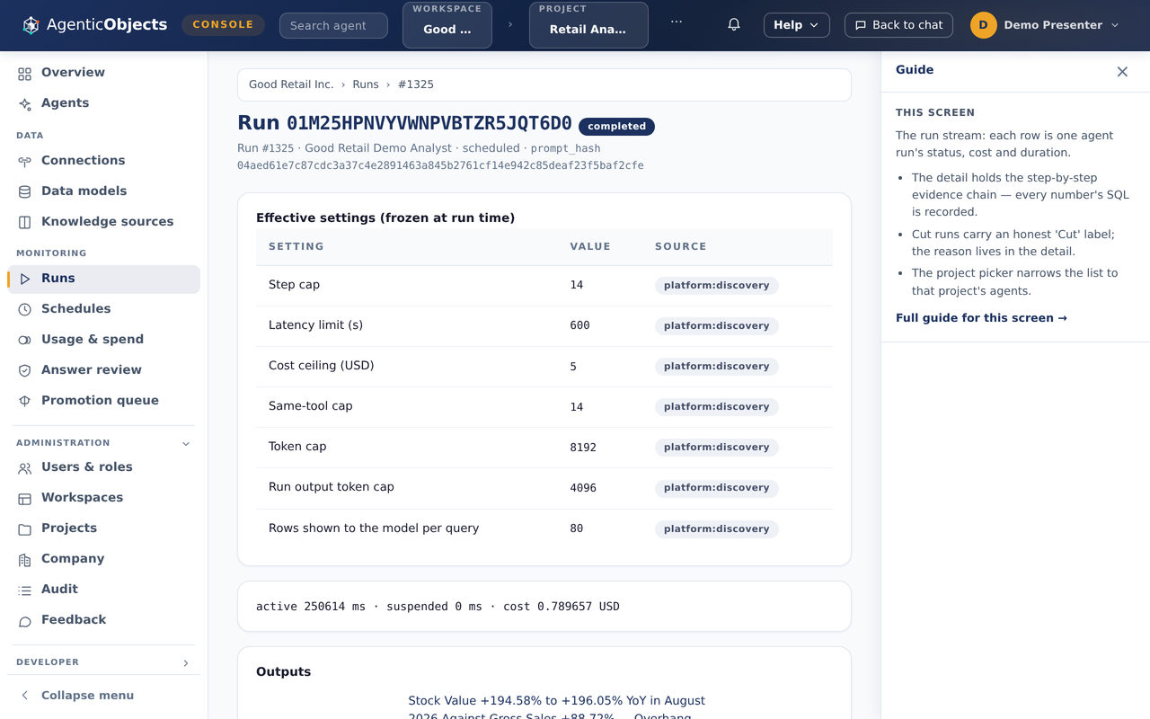 A finished run in the console. A table headed Effective settings, frozen at run time, lists a step cap of 14, a latency limit of 600 seconds, a cost ceiling of 5 US dollars, a same-tool cap of 14, a token cap of 8192, a run output token cap of 4096 and 80 rows shown to the model per query. Each row names its source. Below the table: active 250614 milliseconds, suspended 0 milliseconds, cost 0.789657 US dollars.